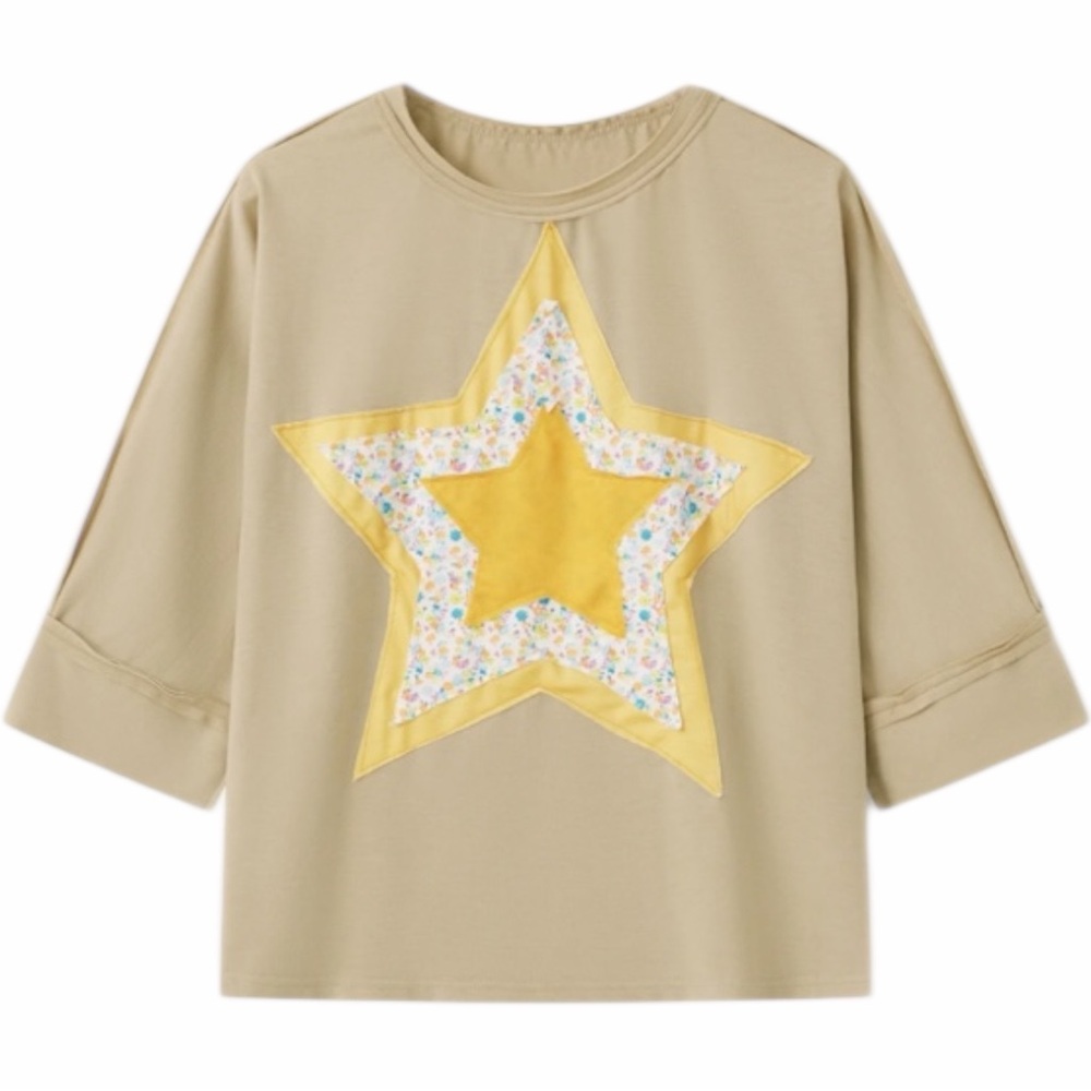 Y2K Patchwork Style Star Patch 3/4 Sleeve Top In … - image 2